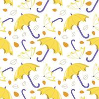Seamless pattern with yellow umbrellas and leaves on a white background. Cute autumn print for textiles, wrapping paper and design vector