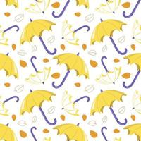 Seamless pattern with yellow umbrellas and leaves on a white background. Cute autumn print for textiles, wrapping paper and design vector