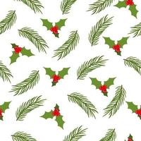 Seamless pattern with branch of fir and mistletoe, Christmas decoration on white background. Vector illustration