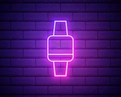 Glowing neon line Smartwatch with wireless symbol icon isolated on brick wall background. Colorful outline concept. Vector