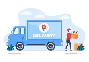 Flower Delivery Service Online Business with Courier Holding a Flowers Order Bouquet Using Trucks, Cars or Motorbikes. Background Vector Illustration