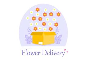 servicio de entrega de flores negocio en línea con mensajero sosteniendo un ramo de flores en camiones, automóviles o motocicletas. ilustración vectorial de fondo vector