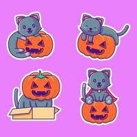 colección de pegatinas de halloween lindo gato y calabaza vector