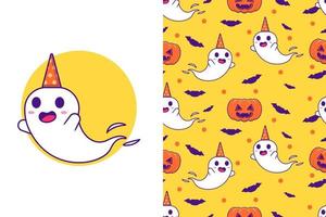 Cute ghost with pumpkin happy halloween with seamless pattern vector