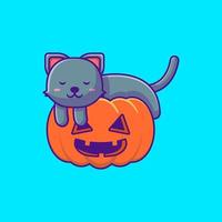 lindo gato negro durmiendo en calabaza feliz halloween ilustraciones de dibujos animados vector
