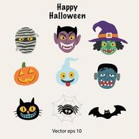 el conjunto de iconos de halloween incluye muchos personajes de monstruos como la momia, drácula, bruja, calabaza y frankenstein vector