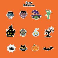 El conjunto de pegatinas de iconos de Halloween incluye muchos personajes de monstruos como la momia, la bruja, la bruja, la calabaza y el frankenstein. ilustración vectorial eps10. vector