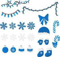 vector de navidad decoración navideña bandle colección de elementos azules - gorro de santa, guantes y botas, copos de nieve, bastones de caramelo, bolas de navidad, guirnalda de rayos