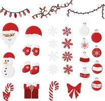 vector de navidad decoración navideña bandle colección de elementos rojos - santa, muñeco de nieve, copos de nieve, caja gif, bastones de caramelo, bolas de navidad, guirnalda de rayos