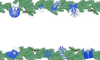 Christmas holiday evergreen vector frame with holiday decoration elements. Seamless holiday frame for banners, promotion posters.