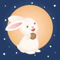 cute mid autumn festival bunny rabbit holding moon cake with moon background vector