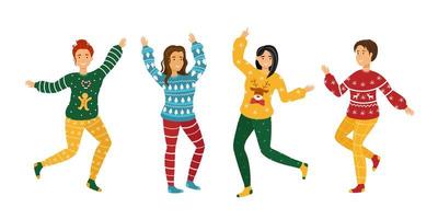 Ugly Christmas Sweater Party. Young women in Christmas sweaters are dance vector