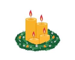 Advent wreath with four burning yellow candles and decor vector