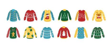 Establecer feo suéter de Navidad. vector de dibujos animados de ropa de punto con patrones de año nuevo.