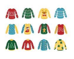 Set Ugly Christmas sweater. Vector cartoon knitted clothes with New Year patterns, pullover stylish holiday design