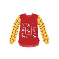 Red christmas sweater with deer. Funny traditional knitted clothes with print vector