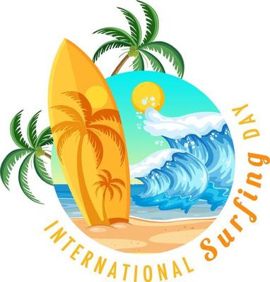 International Surfing Day banner with surfboard on the beach