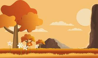 Vector Autumn landscape with mountain hills views countryside landscape of in the morning, Beautiful panorama season of summer natural with maple trees. Autumn summer background concept