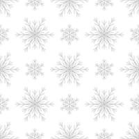 patrón transparente con copos de nieve plateados sobre fondo blanco. decoración tradicional de invierno festivo para año nuevo, navidad, vacaciones y diseño. ornamento de línea simple repetir copo de nieve vector