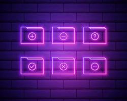 Neon icon set folders. Set of pink colored neon vector icon isolated on brick wall