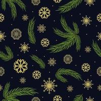 Seamless pattern with golden snowflake and branch Christmas tree on black background. Vector illustration