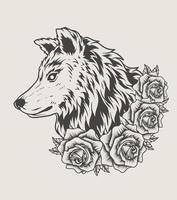 Ilustración cabeza de lobo con flor rosa estilo monocromo vector
