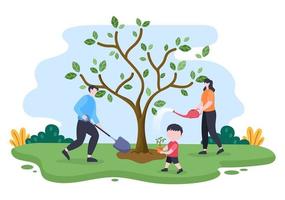 People Planting Trees Flat Cartoon Vector Illustration With Gardening, Farming and Agriculture Use Tree Roots or a Shovel For Caring Environment Concept