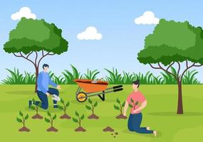 People Planting Trees Flat Cartoon Vector Illustration With Gardening, Farming and Agriculture Use Tree Roots or a Shovel For Caring Environment Concept