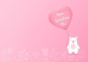 Valentines heart balloon with bear on pink background. Valentine's day cute background. Vector illustration.