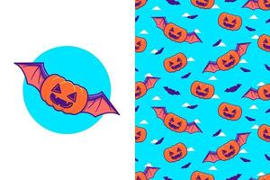 lindo murciélago de calabaza feliz halloween con patrones sin fisuras vector