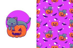 lindo gato negro durmiendo en calabaza feliz halloween con patrones sin fisuras vector