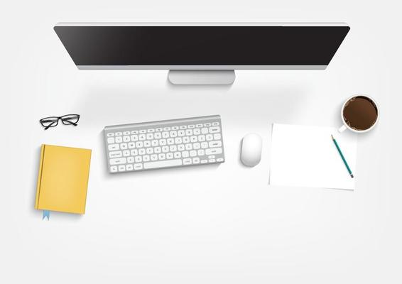 Top view of workplace background, monitor, keyboard, notebook, phone, documents, planner, coffee. Workspace, analytics, optimization, management. Vector