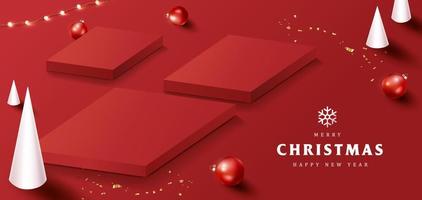 Merry Christmas banner with product display square shape and festive decoration vector