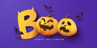 diseño de banner de halloween con tipografía boo cortada en papel y elementos festivos de calabazas vector