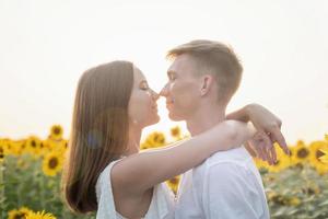 Beautiful couple kissing in sunflowers fields photo