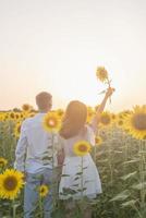 hermosa pareja divirtiéndose en campos de girasoles foto