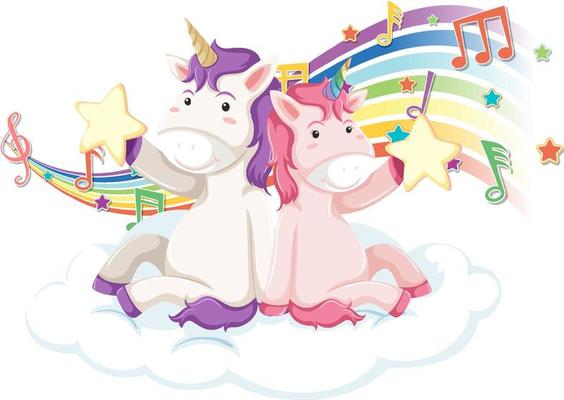 Two unicorns with melody symbols on rainbow