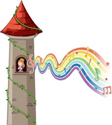 Princess in tower with melody symbol on rainbow wave