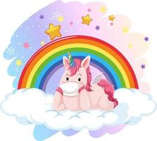 lindo unicornio en el cielo pastel con arcoiris vector