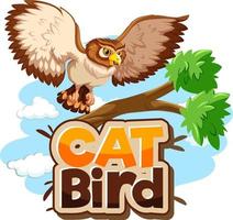 Owl on branch cartoon character with Cat Bird font banner isolated vector