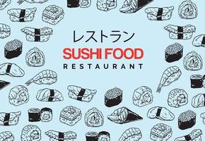 Banner para restaurante con garabatos de sushi hechos a mano. vector