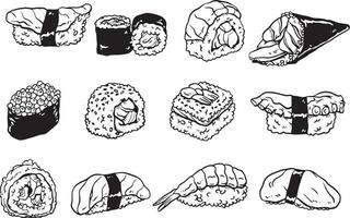 Collecton of handrawn sushi doodles vector