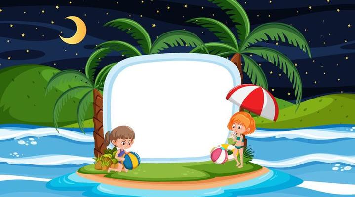 Kids on vacation at the beach night scene with an empty banner template