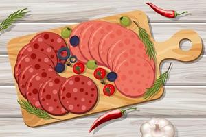 Plato de embutidos, salami y pepperoni en el fondo de la tabla vector