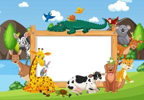 Empty wooden frame with various wild animals in the forest vector