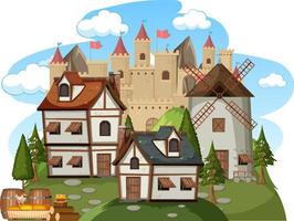 Escena de pueblo medieval sobre fondo blanco. vector