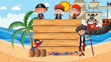 Niños piratas en la escena diurna de la playa con una plantilla de banner vacía vector