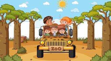 Zoo at day time scene with many kids in a jeep car vector