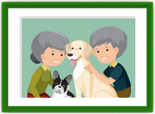 A picture frame of old couple with their dogs