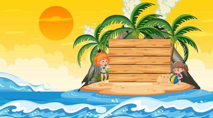 Kids on vacation at the beach sunset scene with an empty banner template